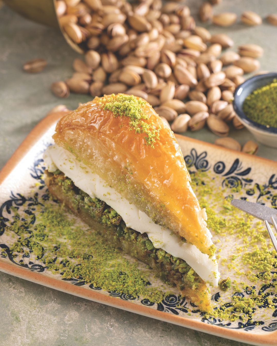 Katmer-style pistachio dessert with clotted cream