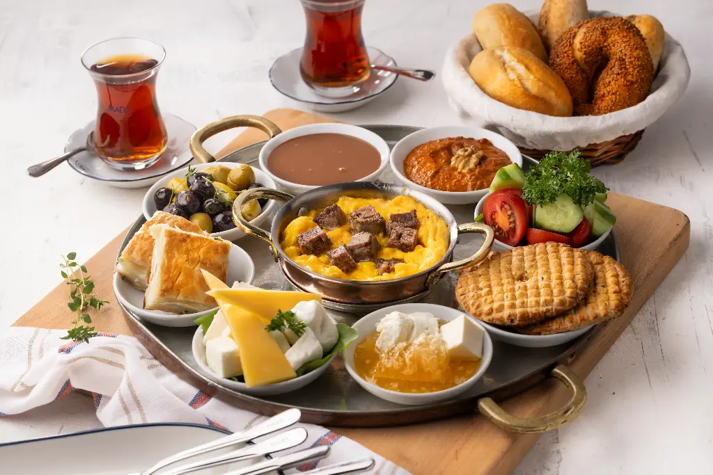 Breakfast Tray with Fried Meat And Eggs
